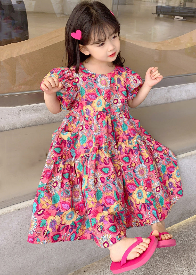 Red O Neck Print Cotton Long Dress Short Sleeve Ew054