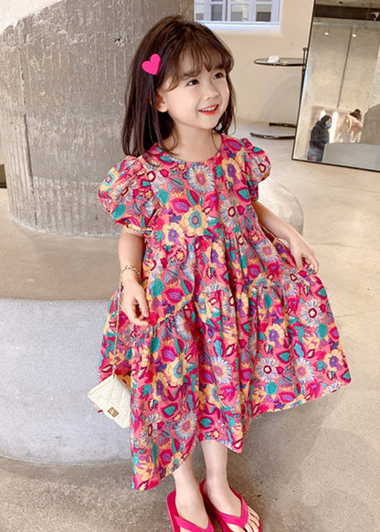 Red O Neck Print Cotton Long Dress Short Sleeve Ew054