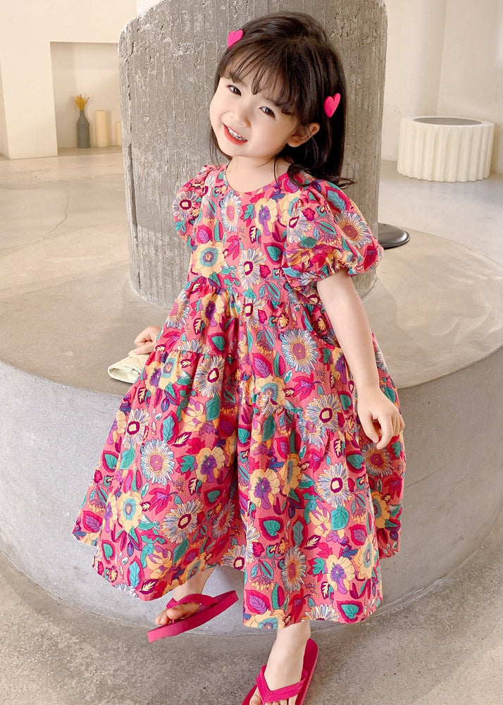 Red O Neck Print Cotton Long Dress Short Sleeve Ew054
