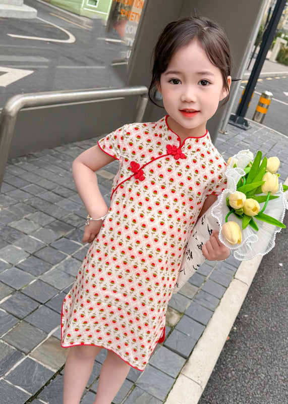 Red Print Side Open Kids Holiday Long Dress Short Sleeve Mn020