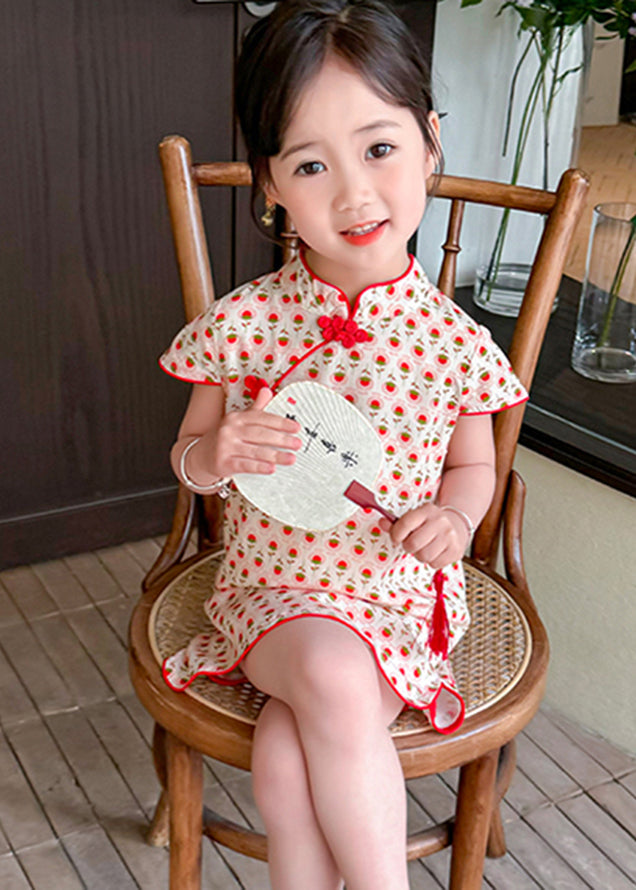 Red Print Side Open Kids Holiday Long Dress Short Sleeve Mn020