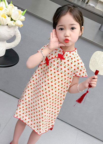 Red Print Side Open Kids Holiday Long Dress Short Sleeve Mn020