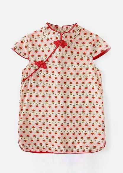 Red Print Side Open Kids Holiday Long Dress Short Sleeve Mn020