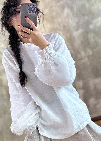 Red Ruffled Linen Blouses Lantern Sleeve