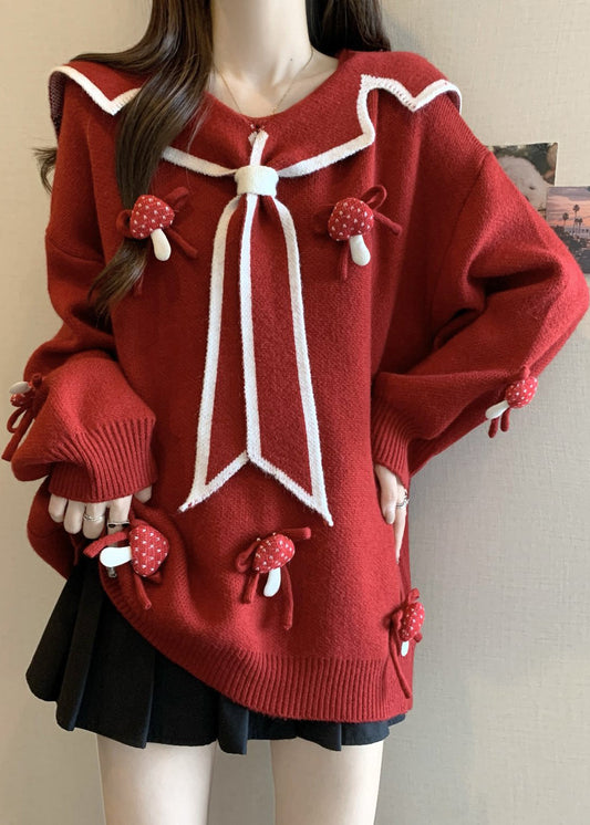 Red Sailor Collar Thick Knit Sweaters Winter Rg033