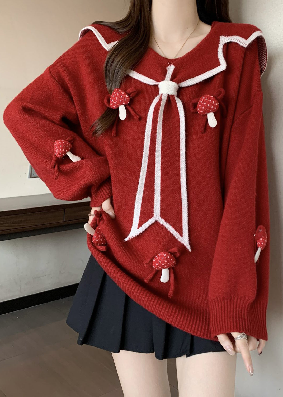 Red Sailor Collar Thick Knit Sweaters Winter Rg033
