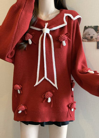 Red Sailor Collar Thick Knit Sweaters Winter Rg033