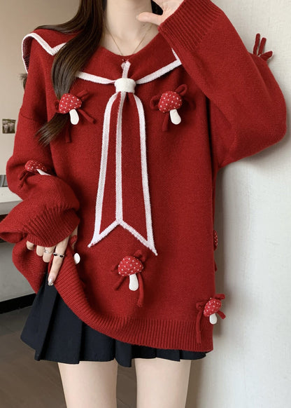 Red Sailor Collar Thick Knit Sweaters Winter Rg033