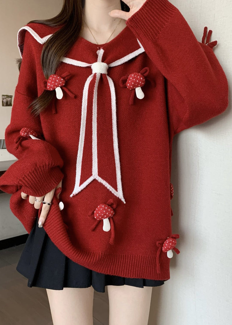 Red Sailor Collar Thick Knit Sweaters Winter Rg033