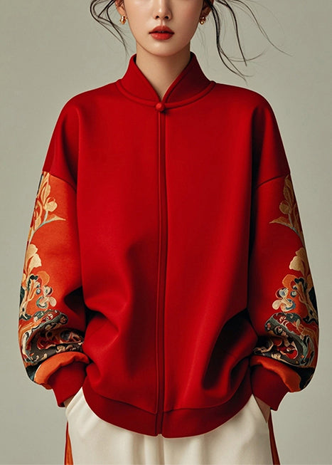 Red Stand Collar Patchwork Cotton Sweatshirt Spring Yj043