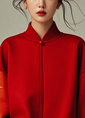 Red Stand Collar Patchwork Cotton Sweatshirt Spring Yj043