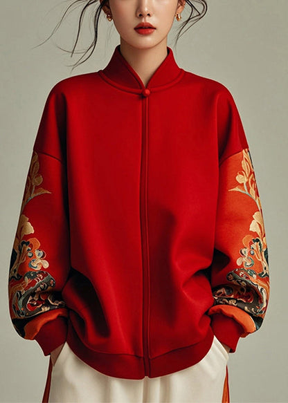 Red Stand Collar Patchwork Cotton Sweatshirt Spring Yj043