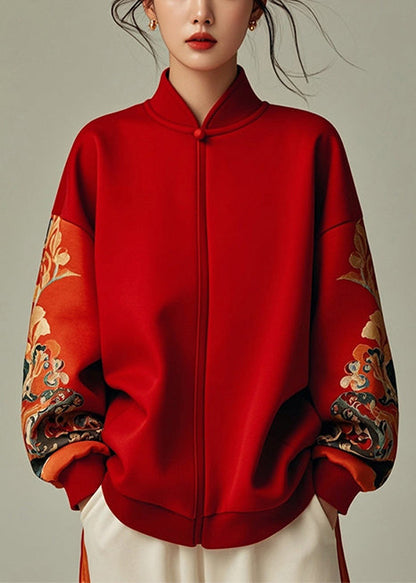Red Stand Collar Patchwork Cotton Sweatshirt Spring Yj043