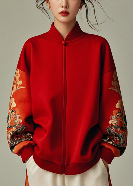 Red Stand Collar Patchwork Cotton Sweatshirt Spring Yj043