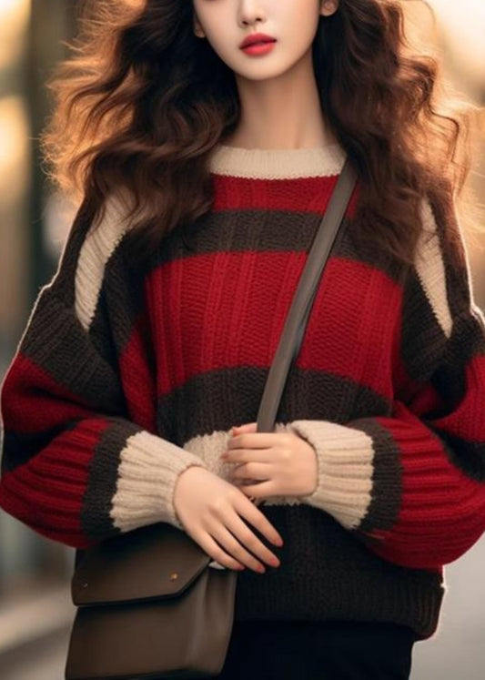 Red Striped Cozy Patchwork Knit Sweater Winter Wx029