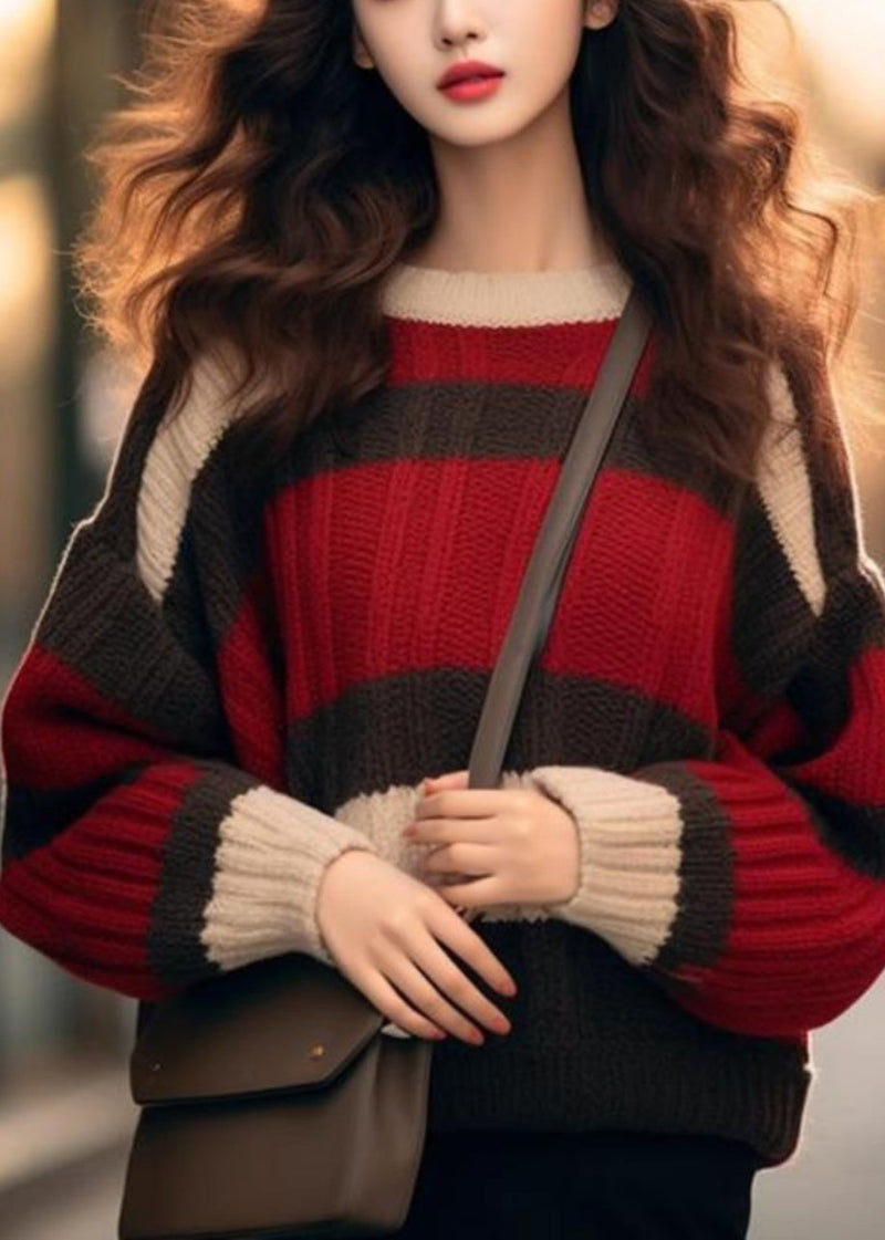 Red Striped Cozy Patchwork Knit Sweater Winter Wx029