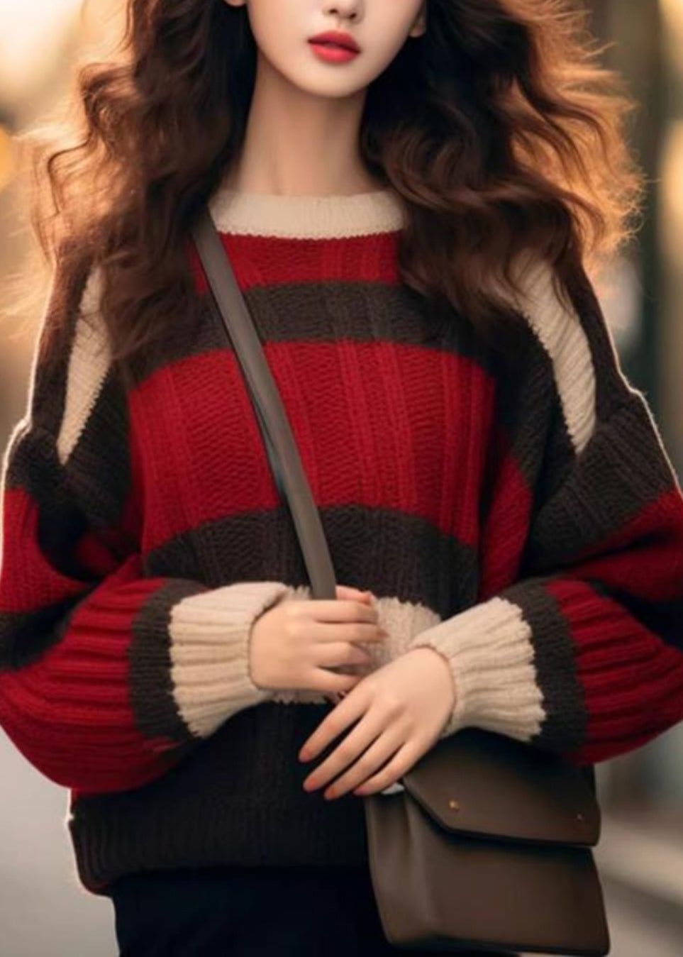 Red Striped Cozy Patchwork Knit Sweater Winter Wx029