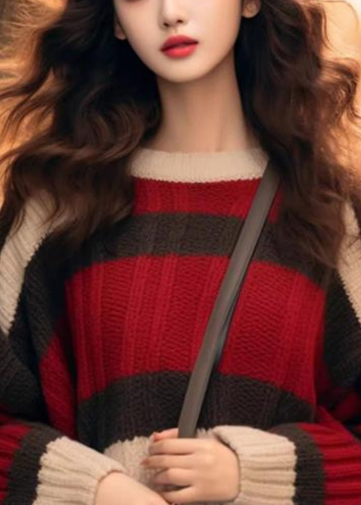 Red Striped Cozy Patchwork Knit Sweater Winter Wx029