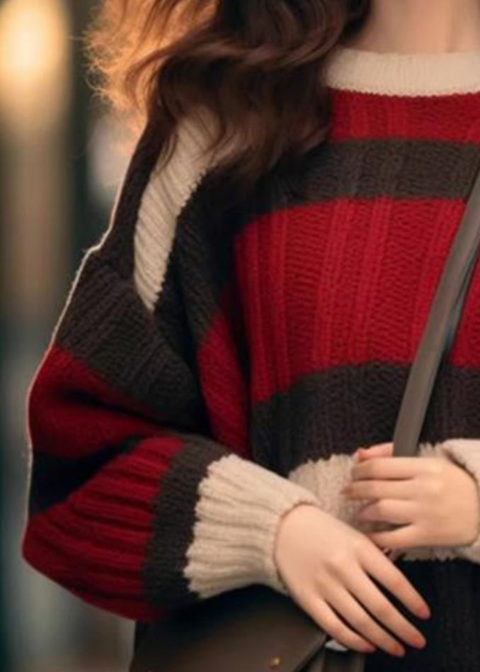 Red Striped Cozy Patchwork Knit Sweater Winter Wx029