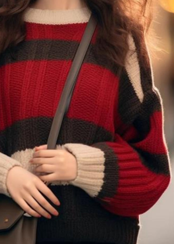 Red Striped Cozy Patchwork Knit Sweater Winter Wx029