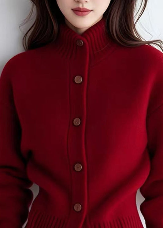 Red Turtleneck Patchwork Cotton Knit Cardigans Spring To040