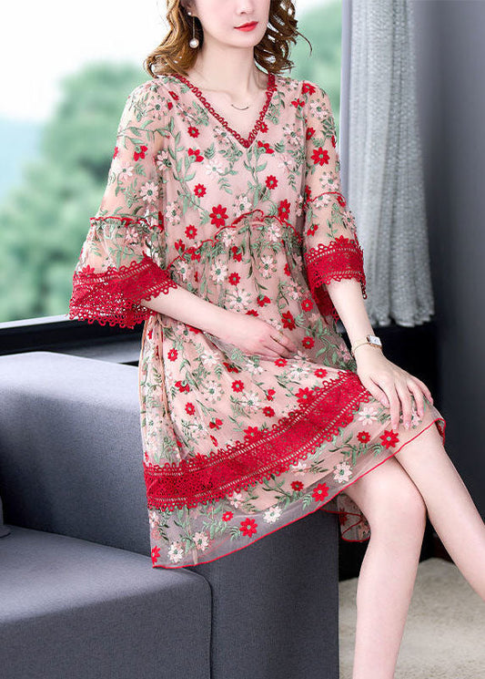 Red V Neck Embroideried Lace Patchwork Tulle Maxi Dresses Summer Fr2024