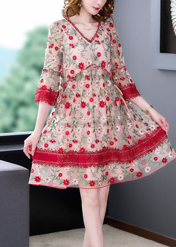 Red V Neck Embroideried Lace Patchwork Tulle Maxi Dresses Summer Fr2024