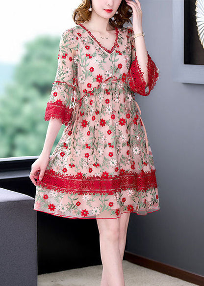 Red V Neck Embroideried Lace Patchwork Tulle Maxi Dresses Summer Fr2024