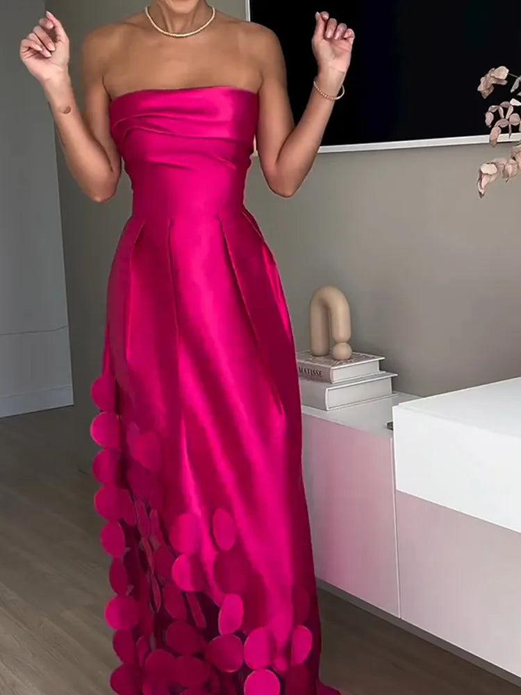 Rose Red Sleeveless Satin Maxi Dress With Backless Design