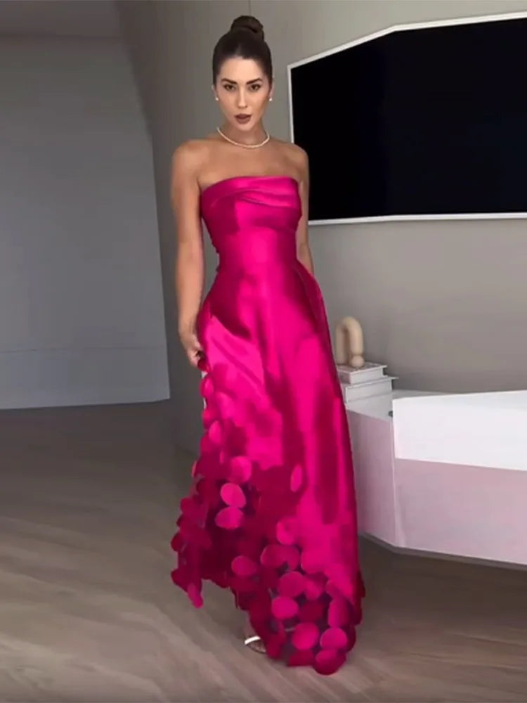 Rose Red Sleeveless Satin Maxi Dress With Backless Design