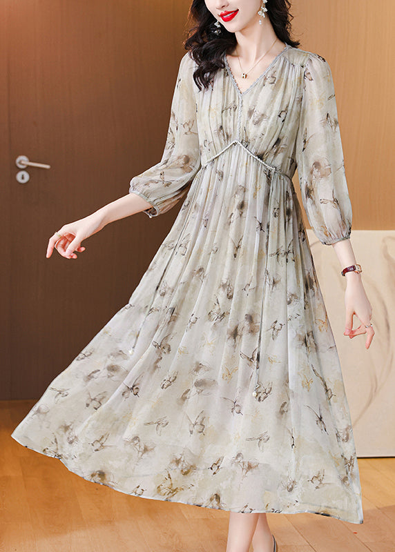 V Neck Print Lace Up Chiffon Long Dress Lantern Sleeve Bb001