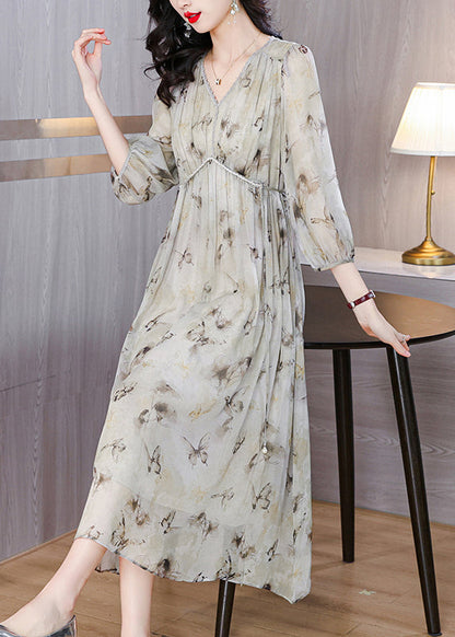 V Neck Print Lace Up Chiffon Long Dress Lantern Sleeve Bb001