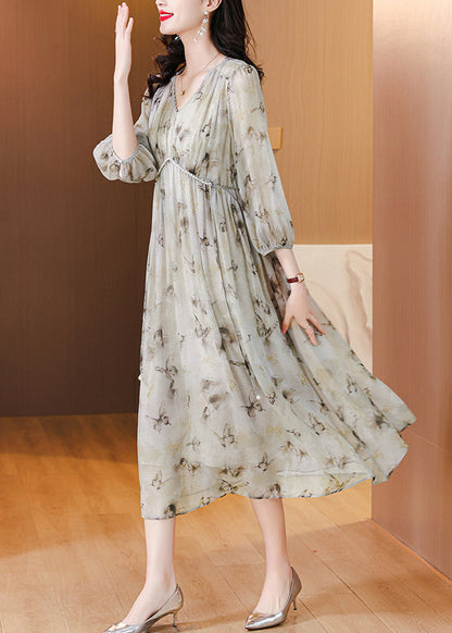 V Neck Print Lace Up Chiffon Long Dress Lantern Sleeve Bb001