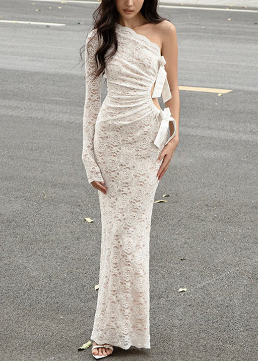 White Asymmetrical Hollow Out Lace Maxi Dress Spring Yt018