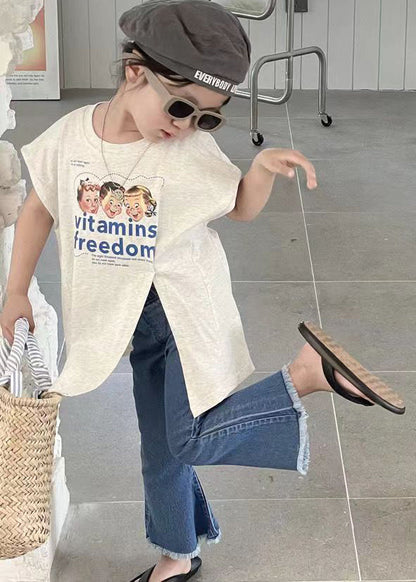 White Asymmetrical Patchwork T Shirts and Denim Pants Two Piece Set Short Sleeve Yu1085
