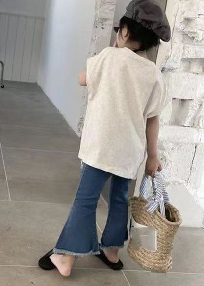 White Asymmetrical Patchwork T Shirts and Denim Pants Two Piece Set Short Sleeve Yu1085