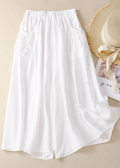 Pockets Leg Cotton Pants Wide Waist Summer Elastic White