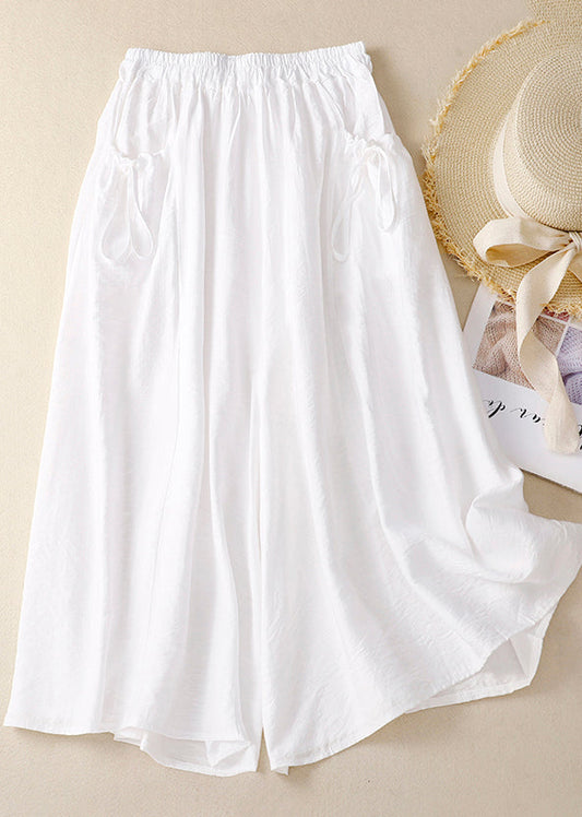 Pockets Leg Cotton Pants Wide Waist Summer Elastic White