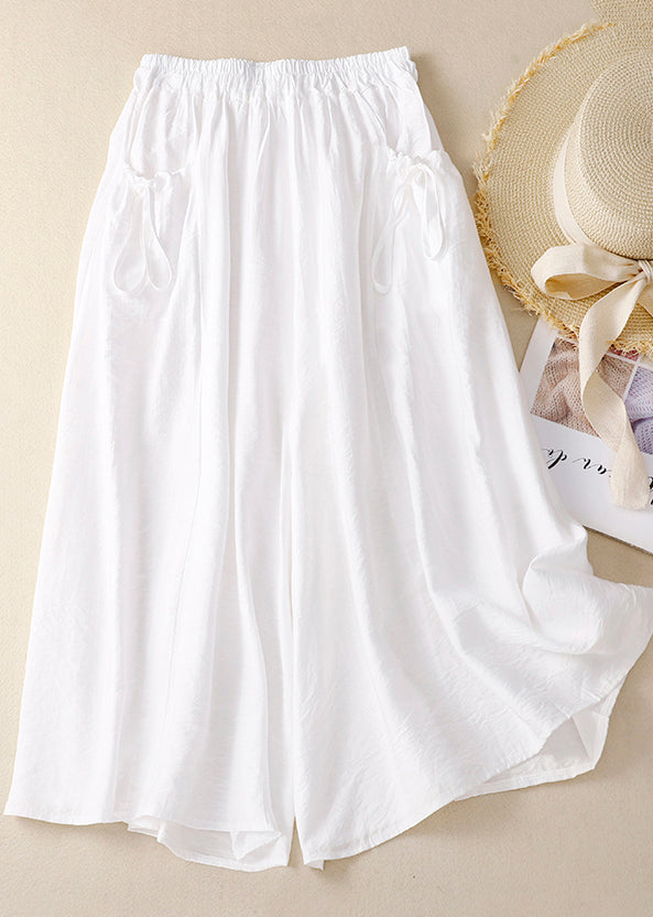 Pockets Leg Cotton Pants Wide Waist Summer Elastic White