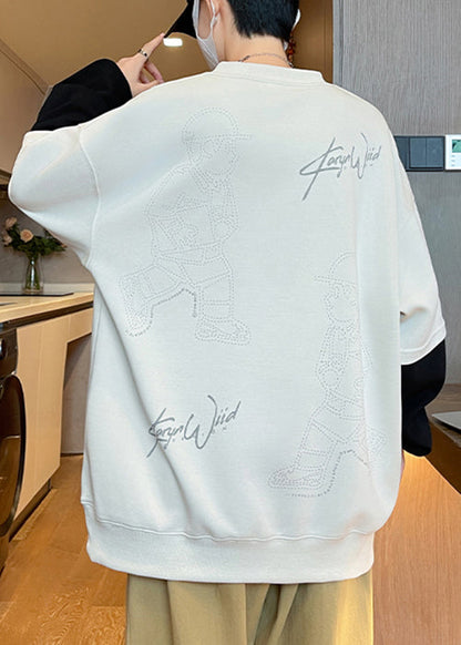 Print Spring Cotton Neck Sweatshirts Patchwork White O