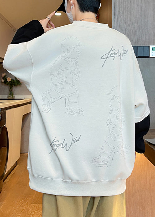 Print Spring Cotton Neck Sweatshirts Patchwork White O