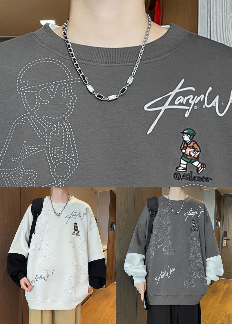 Print Spring Cotton Neck Sweatshirts Patchwork White O