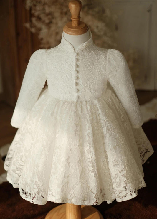 White Stand Collar Button Lace Maxi Dress Spring Ys025