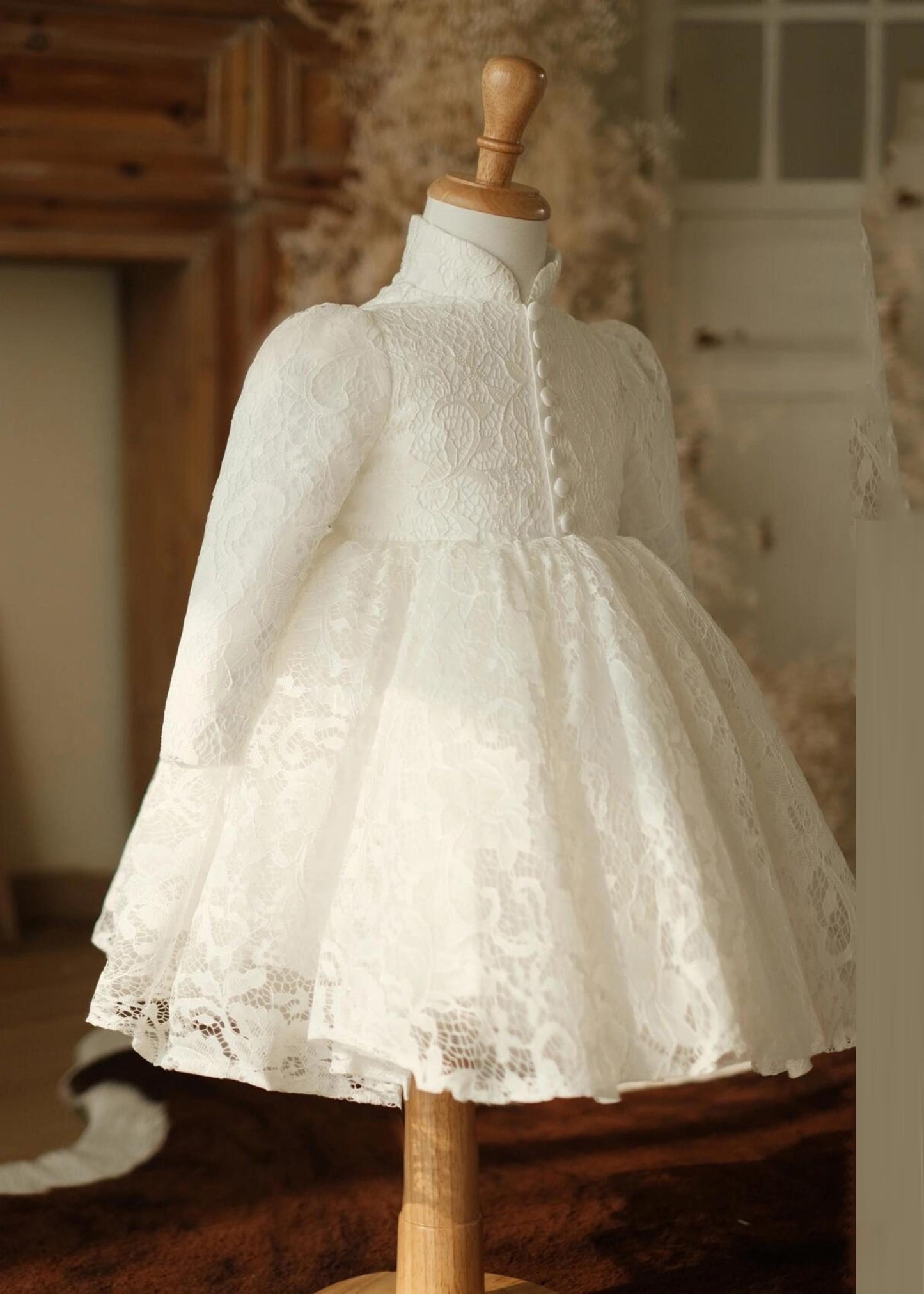 White Stand Collar Button Lace Maxi Dress Spring Ys025