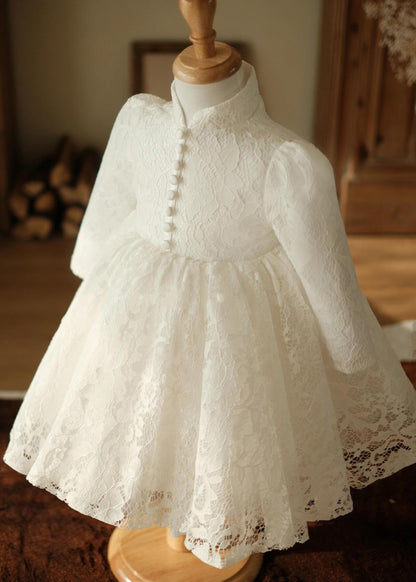 White Stand Collar Button Lace Maxi Dress Spring Ys025
