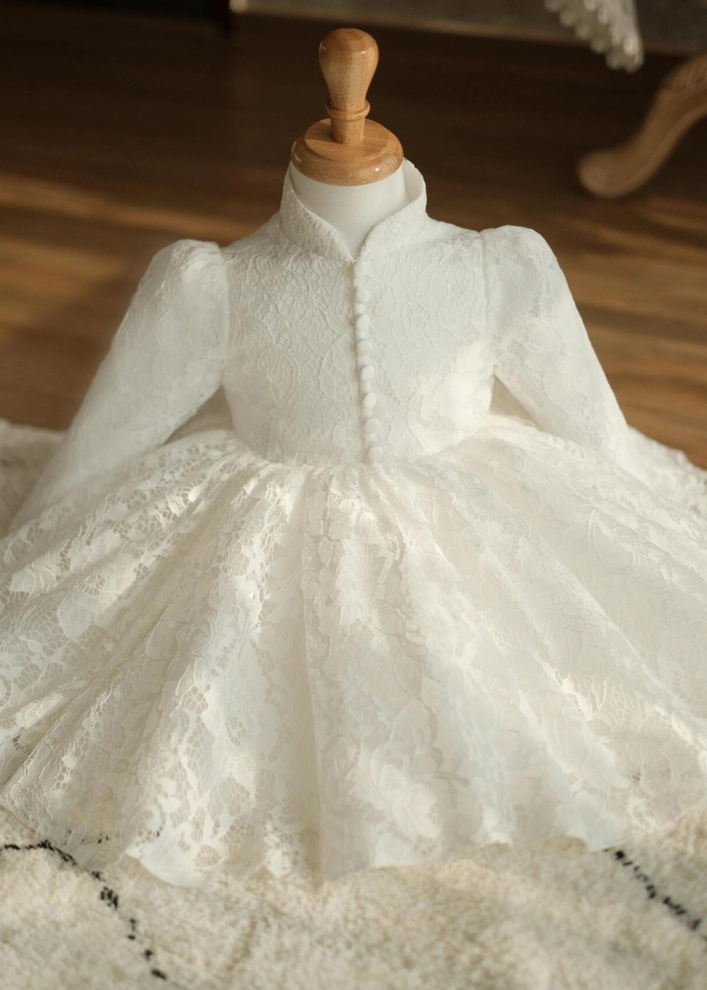 White Stand Collar Button Lace Maxi Dress Spring Ys025