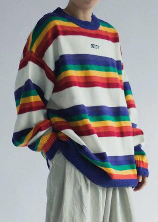 White Striped Cozy Knit Sweaters O Neck Winter Qf030