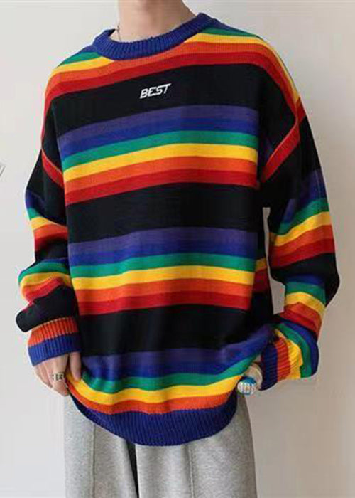 White Striped Cozy Knit Sweaters O Neck Winter Qf030