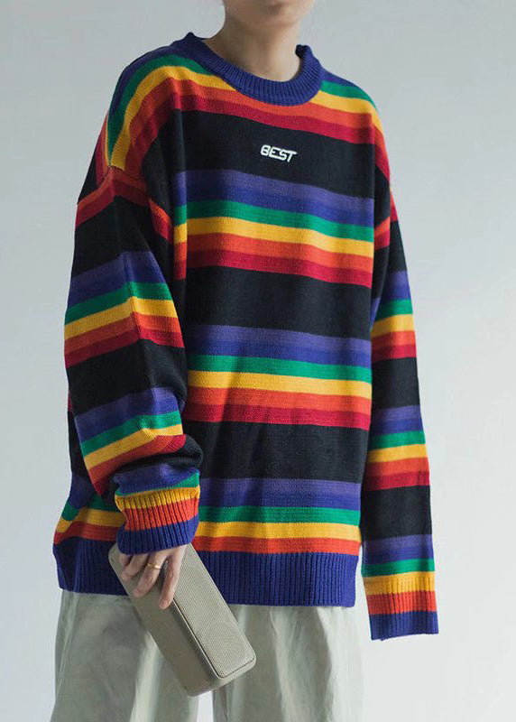 White Striped Cozy Knit Sweaters O Neck Winter Qf030