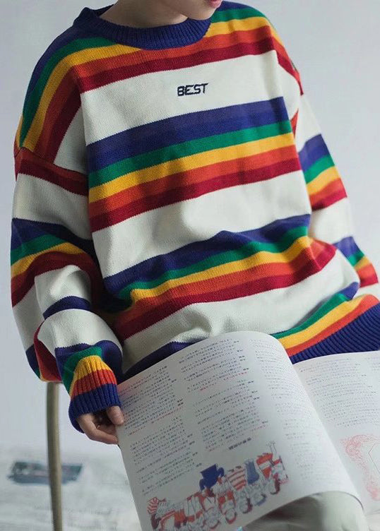 White Striped Cozy Knit Sweaters O Neck Winter Qf030